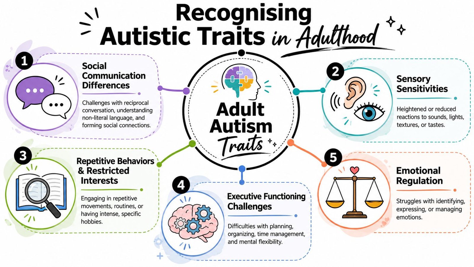 An infographic titled Recognising Autistic Traits in Adulthood, detailing five key characteristics of autism in adults.
