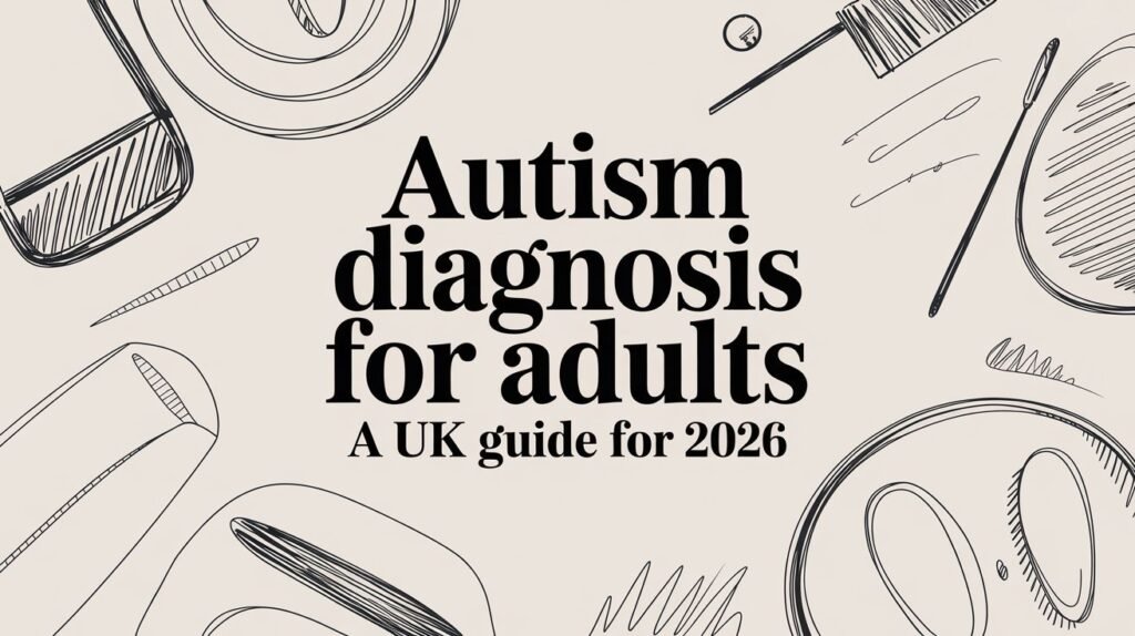 Cover for a UK guide: 'Autism diagnosis for adults' with doodle medical tools around the text.