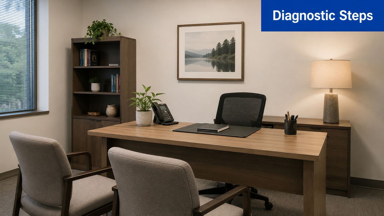 A professional and modern office setting with a desk, chairs, and books for clinical consultations.