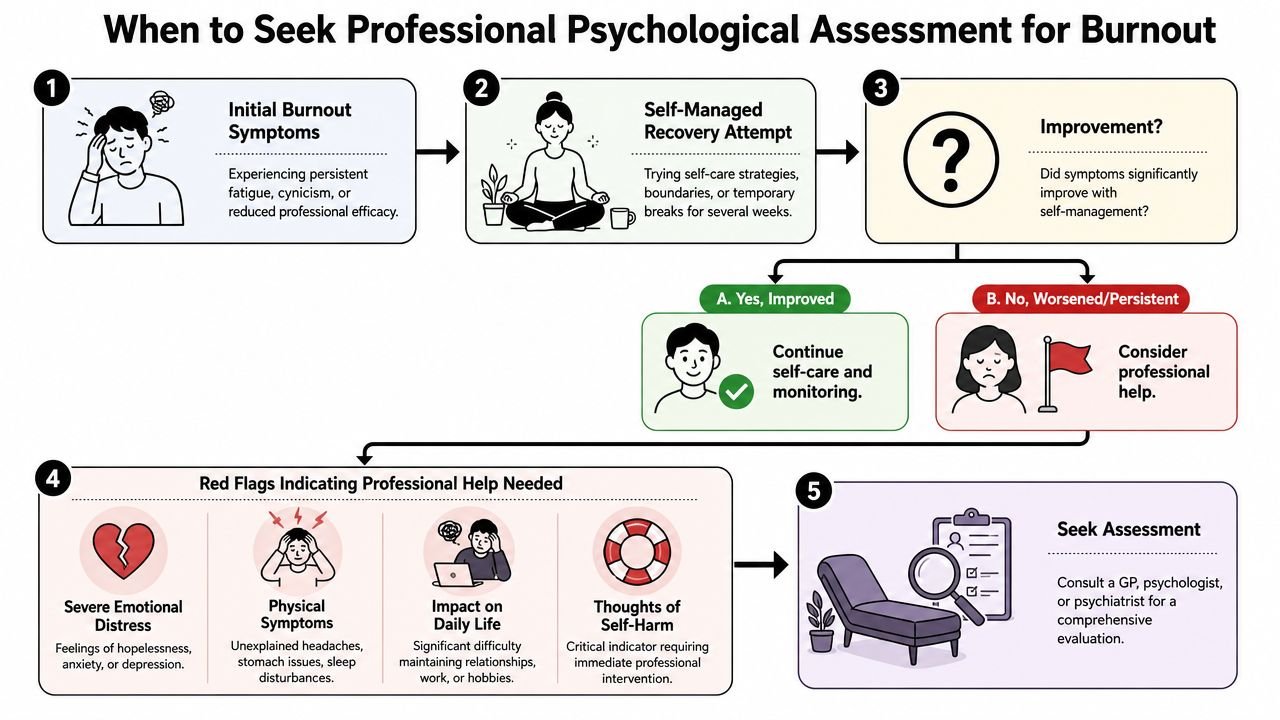 A flowchart guide explaining when to seek professional psychological help for persistent workplace burnout symptoms and distress.