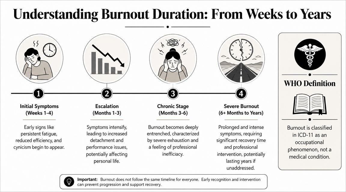 An infographic detailing the four stages of burnout progression, from initial symptoms to severe chronic burnout.