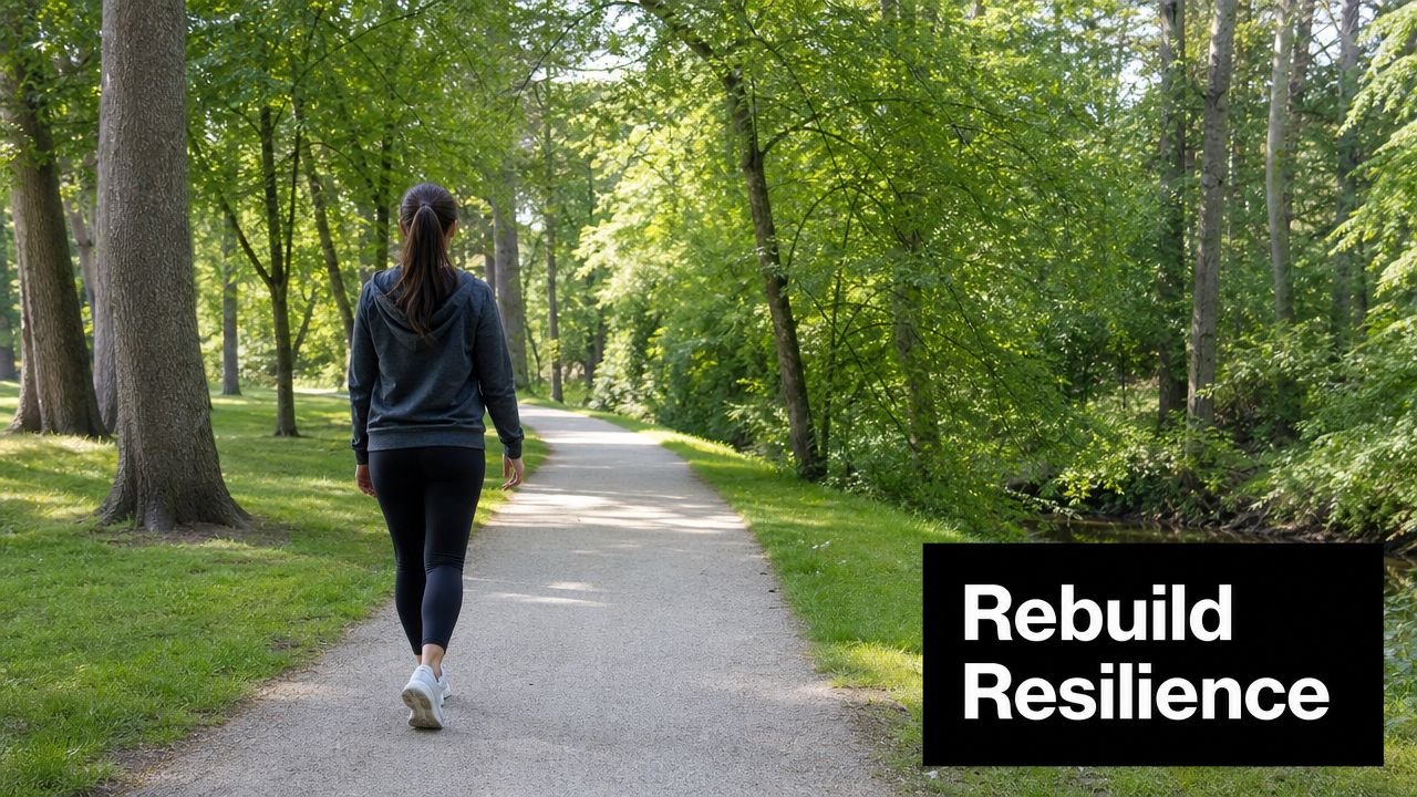 A woman with a ponytail walking along a peaceful path in a lush green forest park.