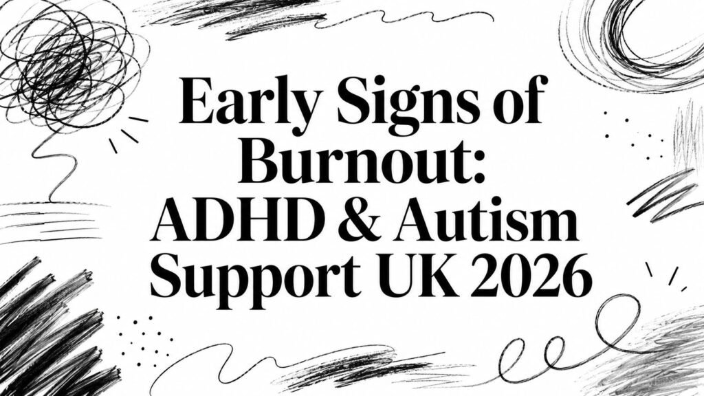 Banner: 'Early Signs of Burnout: ADHD & Autism Support UK 2026' with black doodle sketches around.