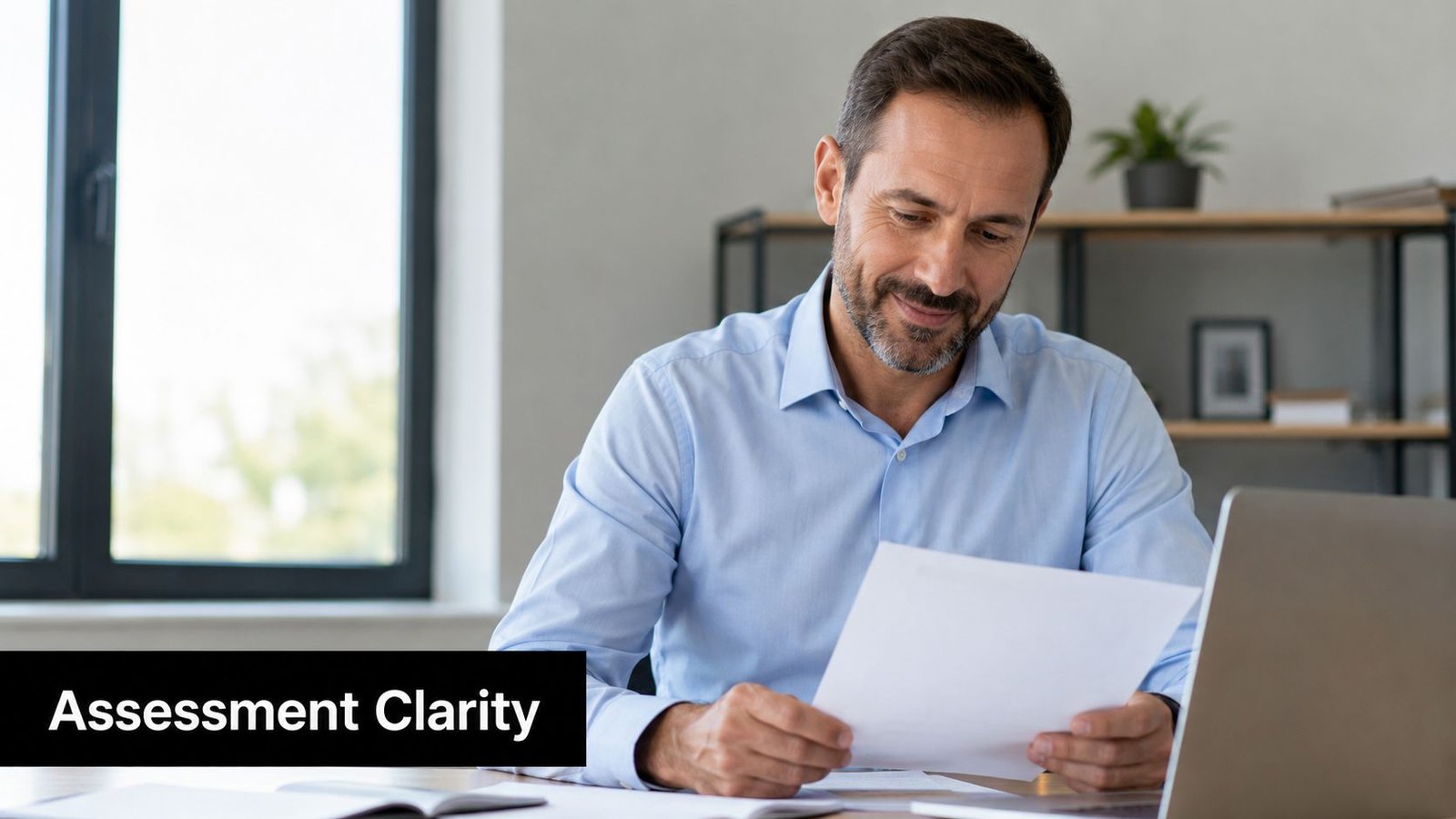A professional man reviewing documents at his desk while focusing on assessment clarity in the workplace.