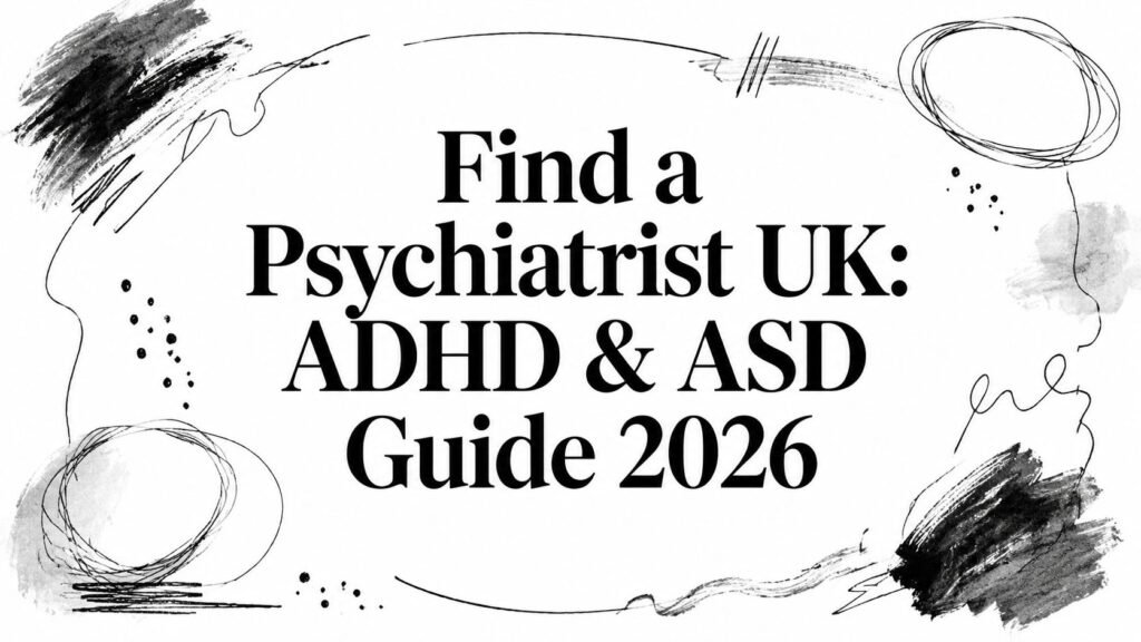 Promotional banner with bold black text: 'Find a Psychiatrist UK: ADHD & ASD Guide 2026' surrounded by abstract black brush strokes and circles.