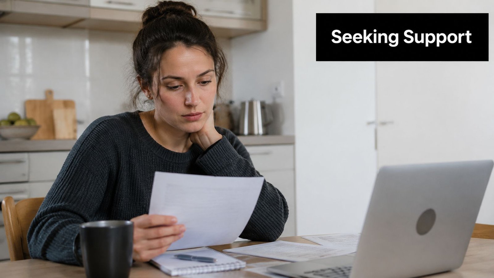 A focused woman reviewing documents and using a laptop at home while seeking professional support.