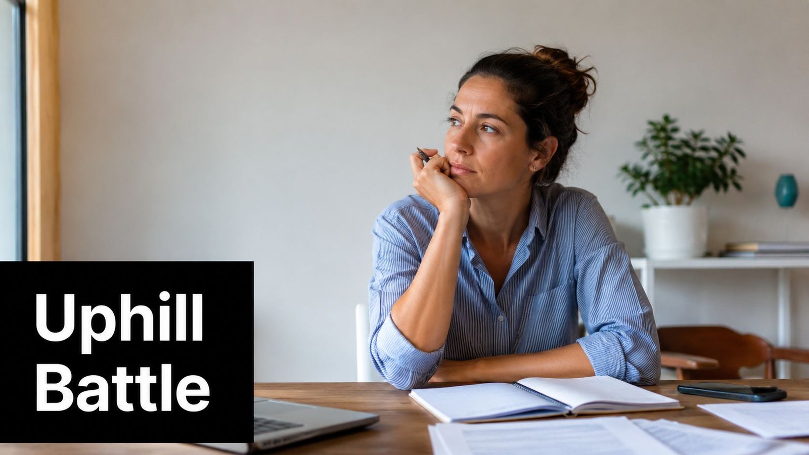 A thoughtful woman sitting at a desk with a laptop and notebook, representing an uphill battle challenge.