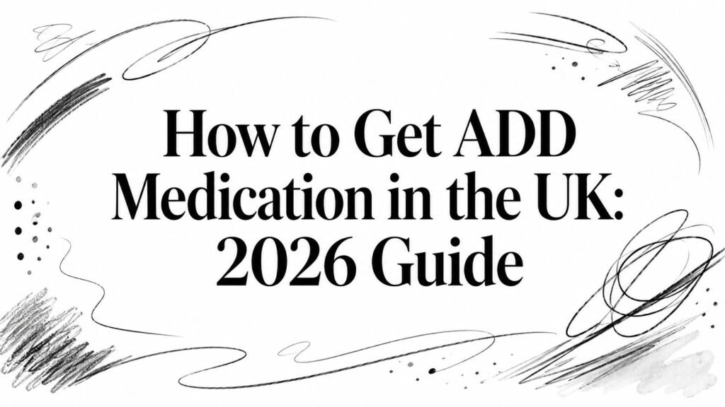 Guide title: "How to Get ADD Medication in the UK: 2026 Guide" with abstract black brushstroke decorations around the text