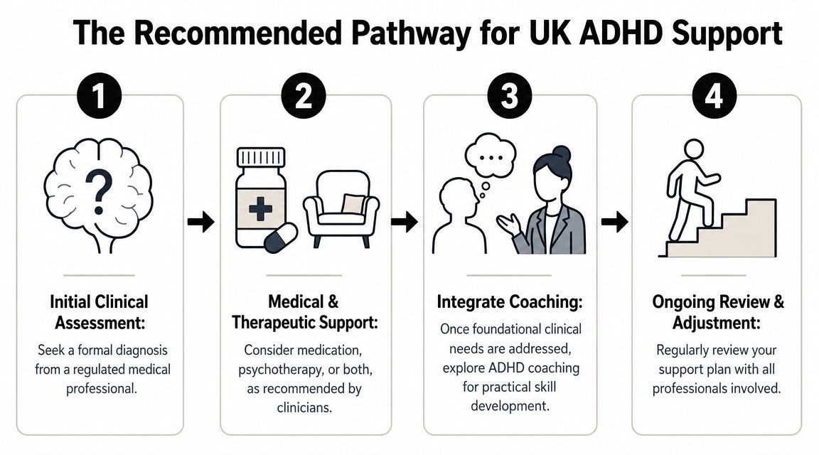 A flowchart showing the four-step recommended pathway for UK ADHD support, including clinical assessment, treatment, and coaching.