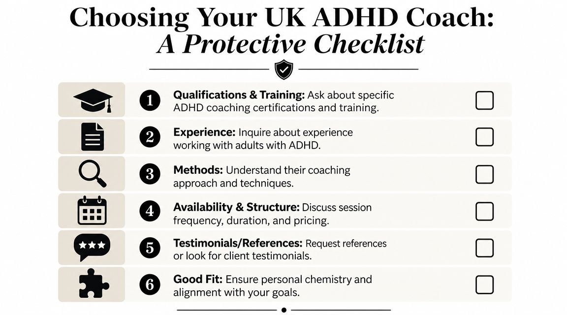 A checklist infographic titled Choosing Your UK ADHD Coach providing six steps for selecting a professional coach.