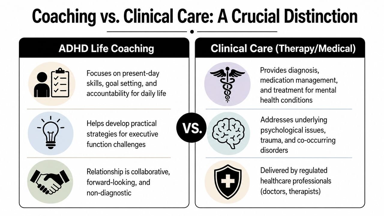 A comparison chart outlining the differences between ADHD life coaching and clinical medical care.