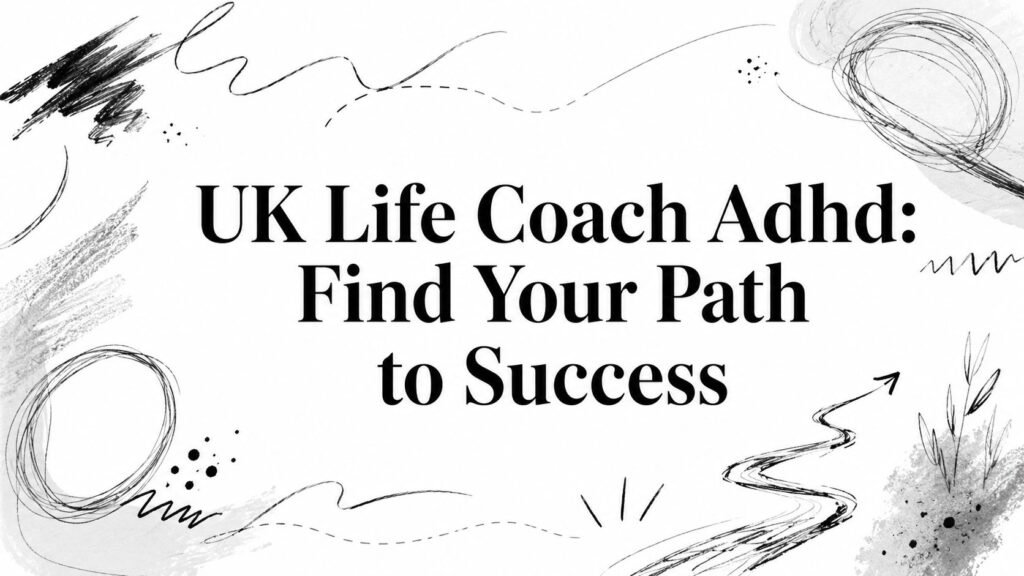 Banner headline: 'UK Life Coach ADHD: Find Your Path to Success' with black abstract sketch accents around the edges (informational image).
