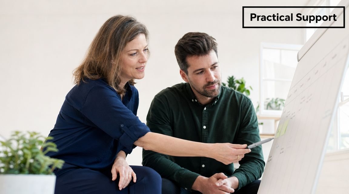 A life coach pointing at a whiteboard while explaining organizational strategies to a man during a session.