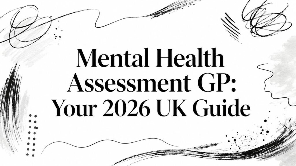 Cover image for a 2026 UK guide: 'Mental Health Assessment GP: Your 2026 UK Guide' with black abstract brushstrokes around the title.