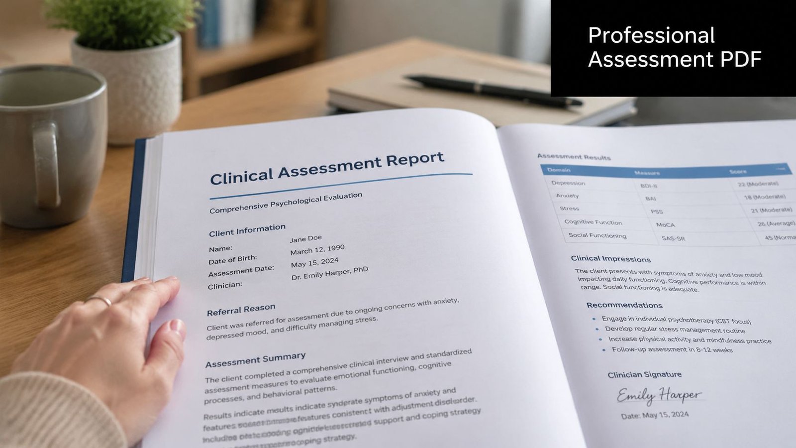 A close up view of a professional clinical assessment report document placed on a wooden desk.