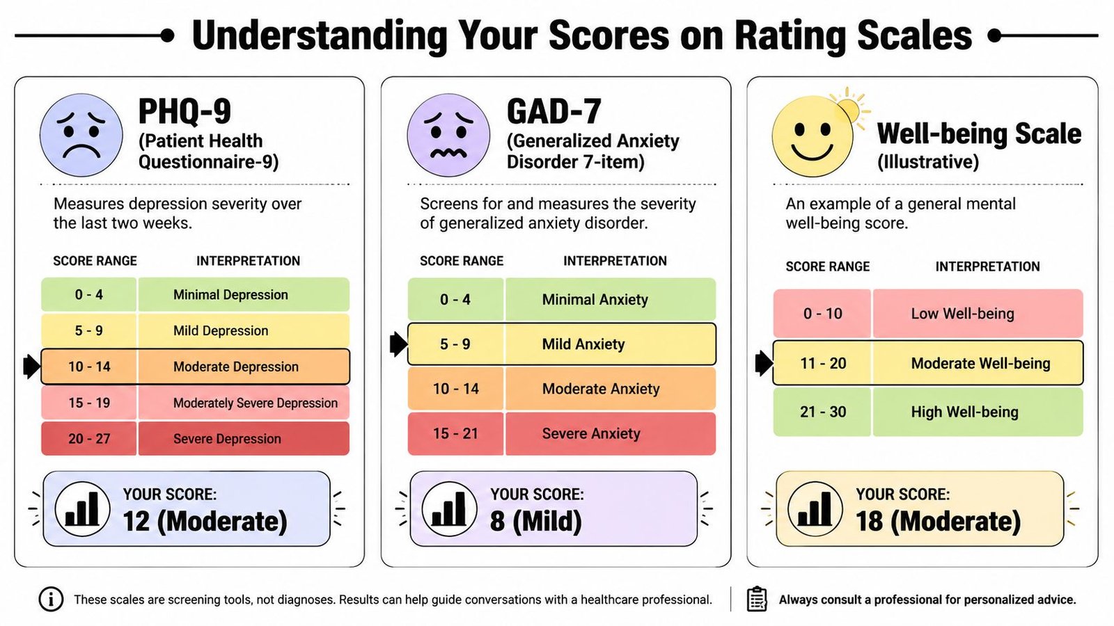 A visual guide illustrating PHQ-9, GAD-7, and Well-being scale assessment scores with interpretations and example results.