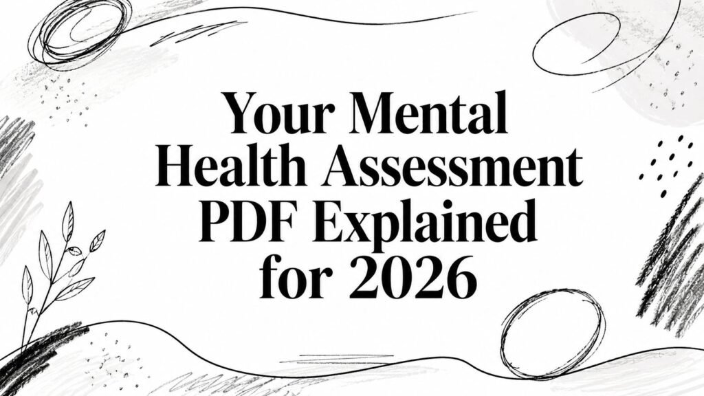 Promotional graphic: 'Your Mental Health Assessment PDF Explained for 2026' with abstract black doodles
