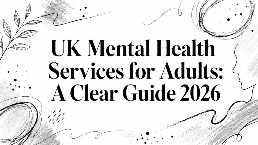 Cover banner for a guide titled 'UK Mental Health Services for Adults: A Clear Guide 2026' with abstract black doodles and decorative lines.
