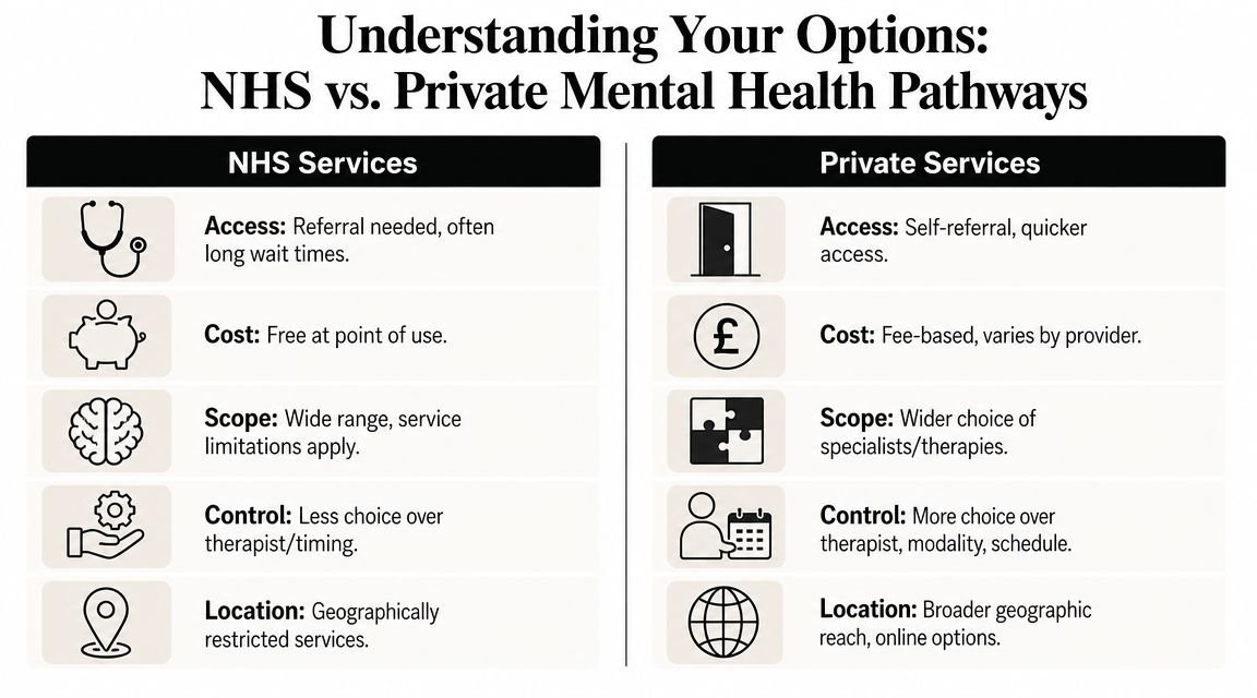 A comparison chart highlighting the differences between NHS and private mental health care services.