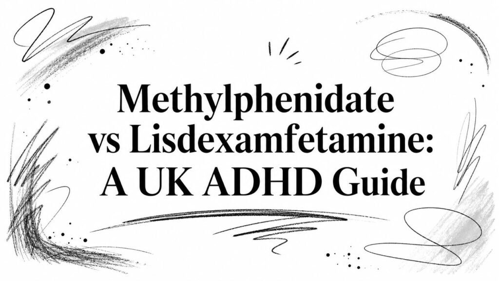 Headline card: 'Methylphenidate vs Lisdexamfetamine: A UK ADHD Guide' with abstract scribble borders.