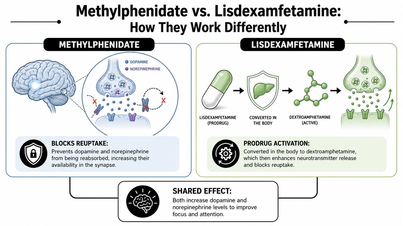 A diagram explaining the different mechanisms of methylphenidate and lisdexamfetamine for improving focus and attention.