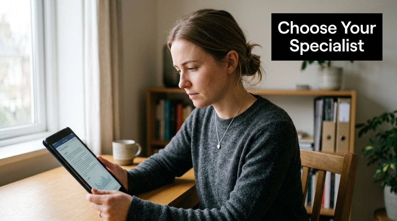 A focused woman reviews digital mental health information on a tablet at her home desk.