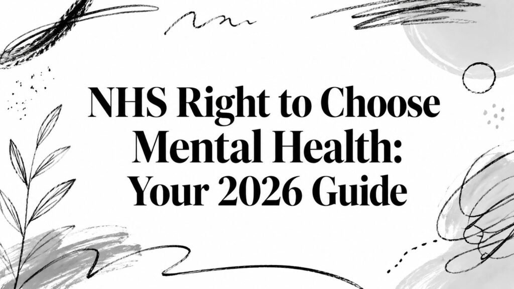 Banner text: "NHS Right to Choose Mental Health: Your 2026 Guide" with abstract black brush strokes around it (informational image).