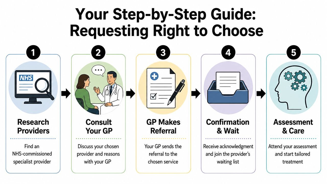 A five-step infographic showing the process for requesting NHS Right to Choose for specialist medical care.