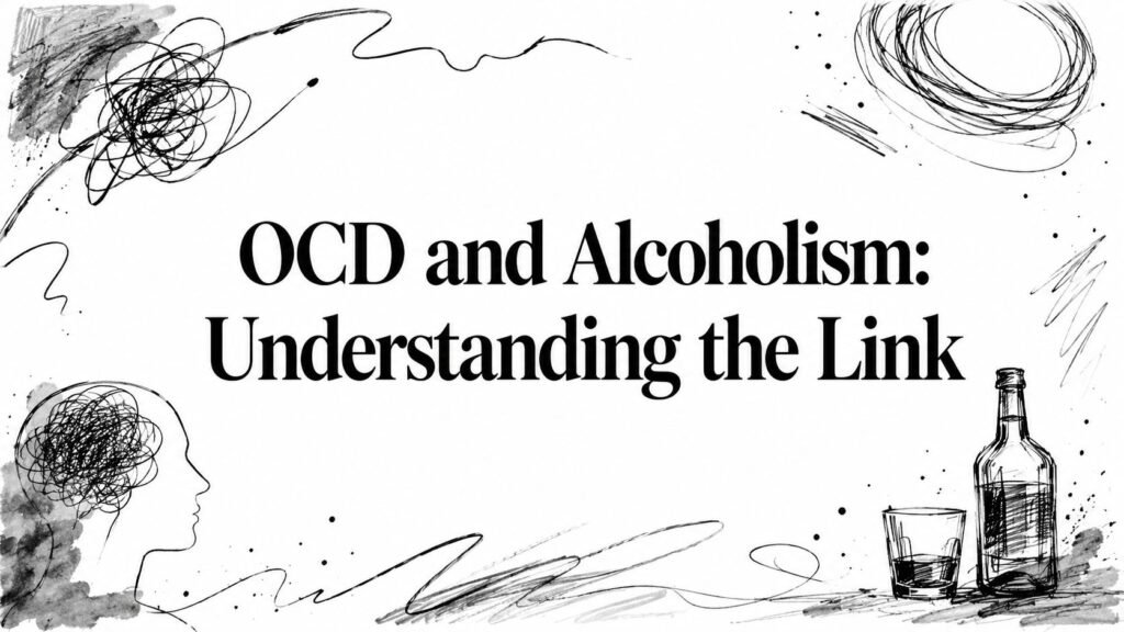 Title slide: 'OCD and Alcoholism: Understanding the Link' with abstract doodles and a bottle and glass illustration.