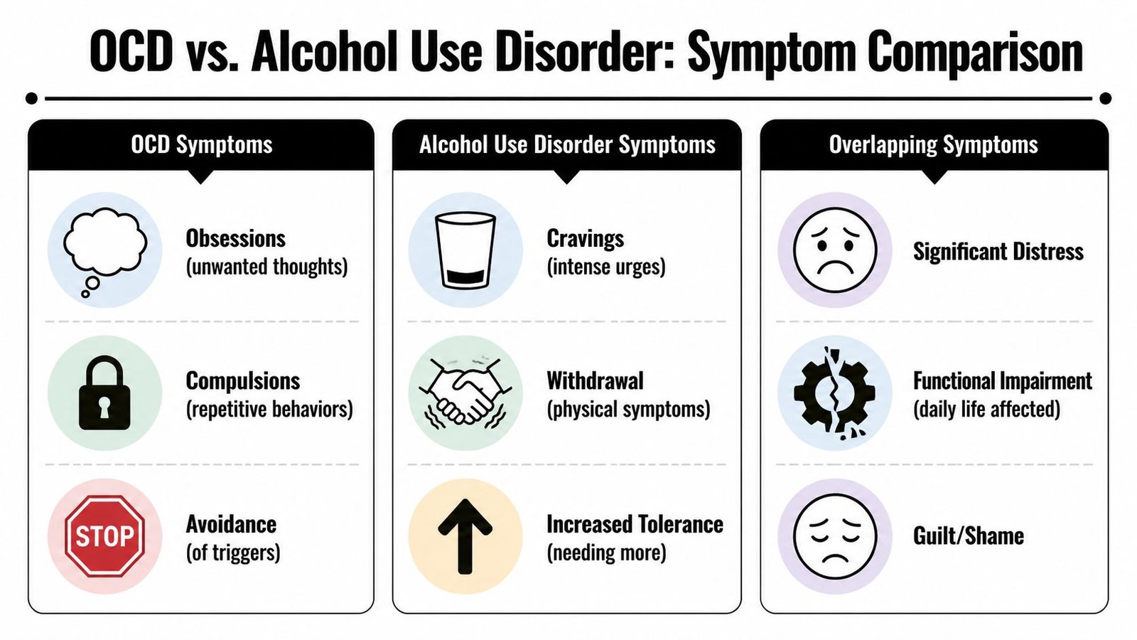 A comparison chart outlining symptoms of OCD and alcohol use disorder, highlighting their overlapping clinical features.