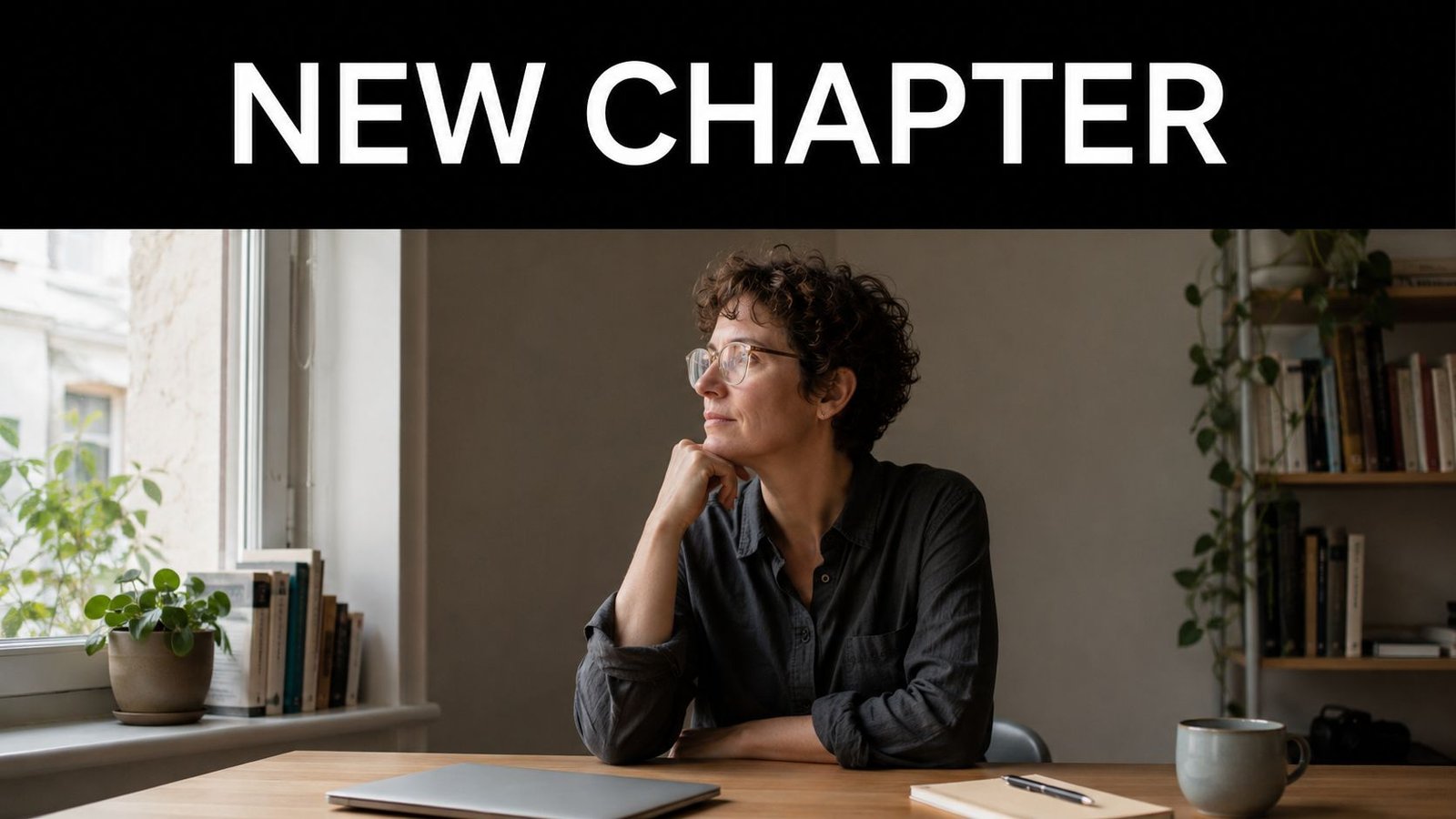 A contemplative woman with short curly hair sitting at a wooden desk looking out a window.
