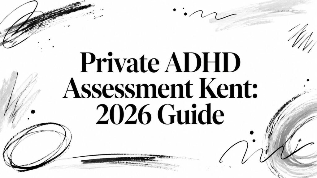 Cover image: bold title 'Private ADHD Assessment Kent: 2026 Guide' with black abstract brush strokes on a white background.
