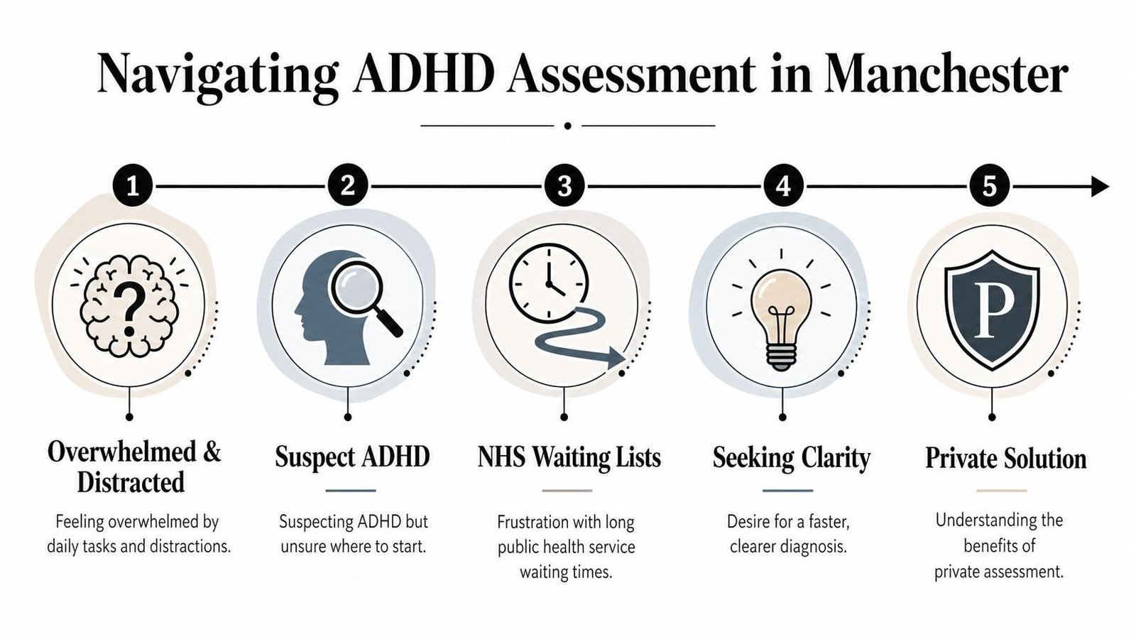 A five-step infographic illustrating the path from suspecting ADHD to seeking a private assessment in Manchester.