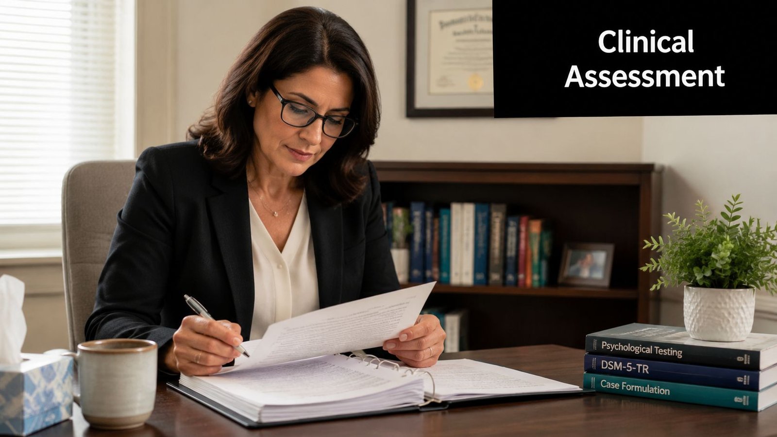 A professional clinician reviewing documents during a private ADHD test assessment for an adult patient.