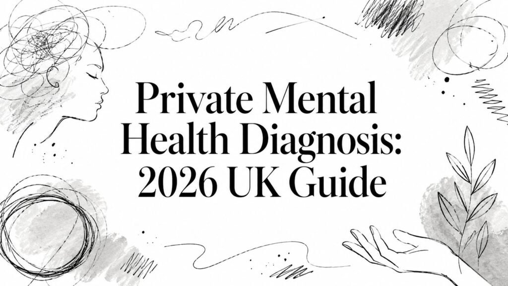 Banner with the title 'Private Mental Health Diagnosis: 2026 UK Guide' in large serif font, surrounded by abstract line drawings of a face, hands, and plants (informational image).
