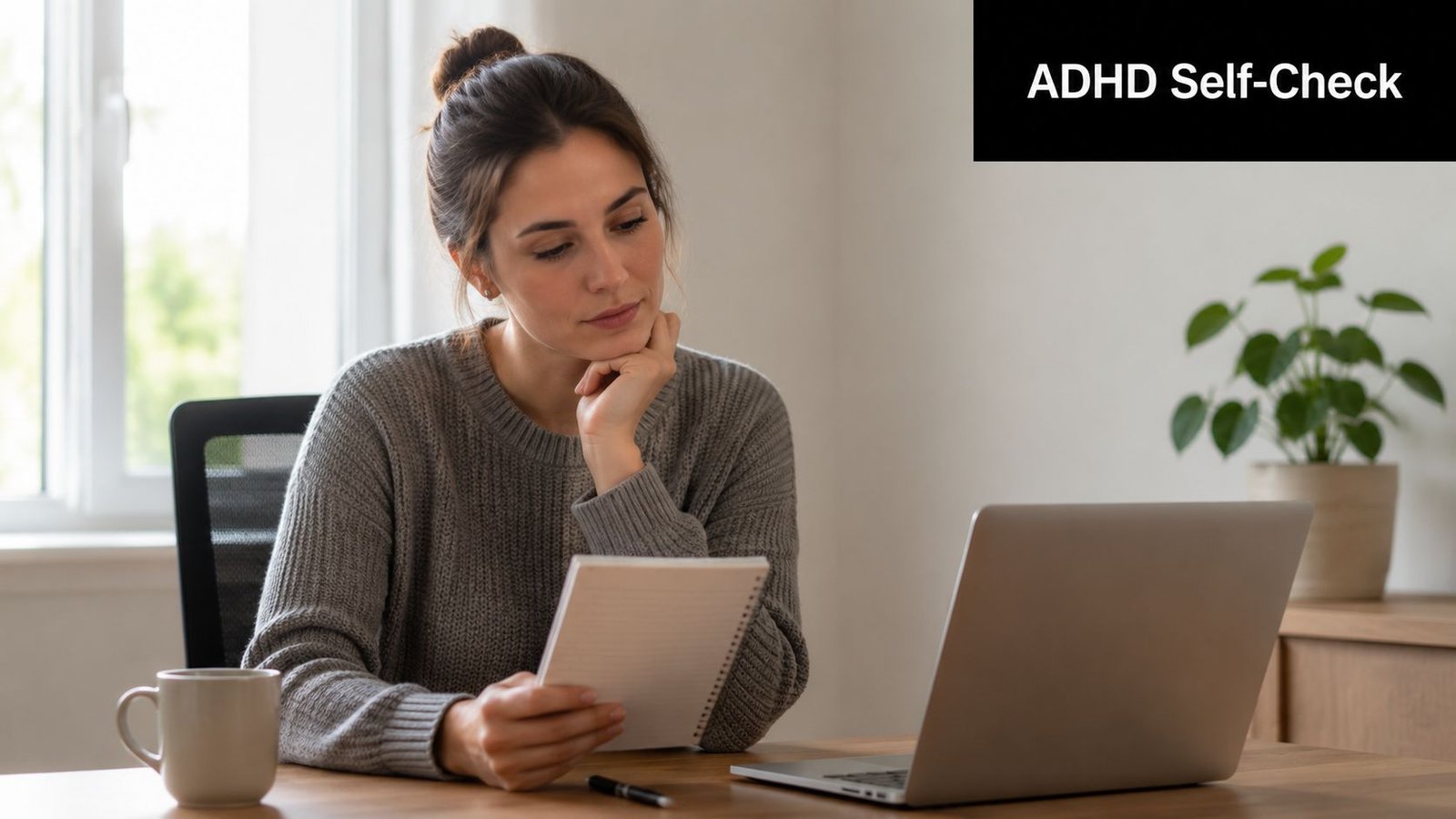 A young woman sitting at a desk with a laptop and notebook, completing an ADHD self-check quiz.