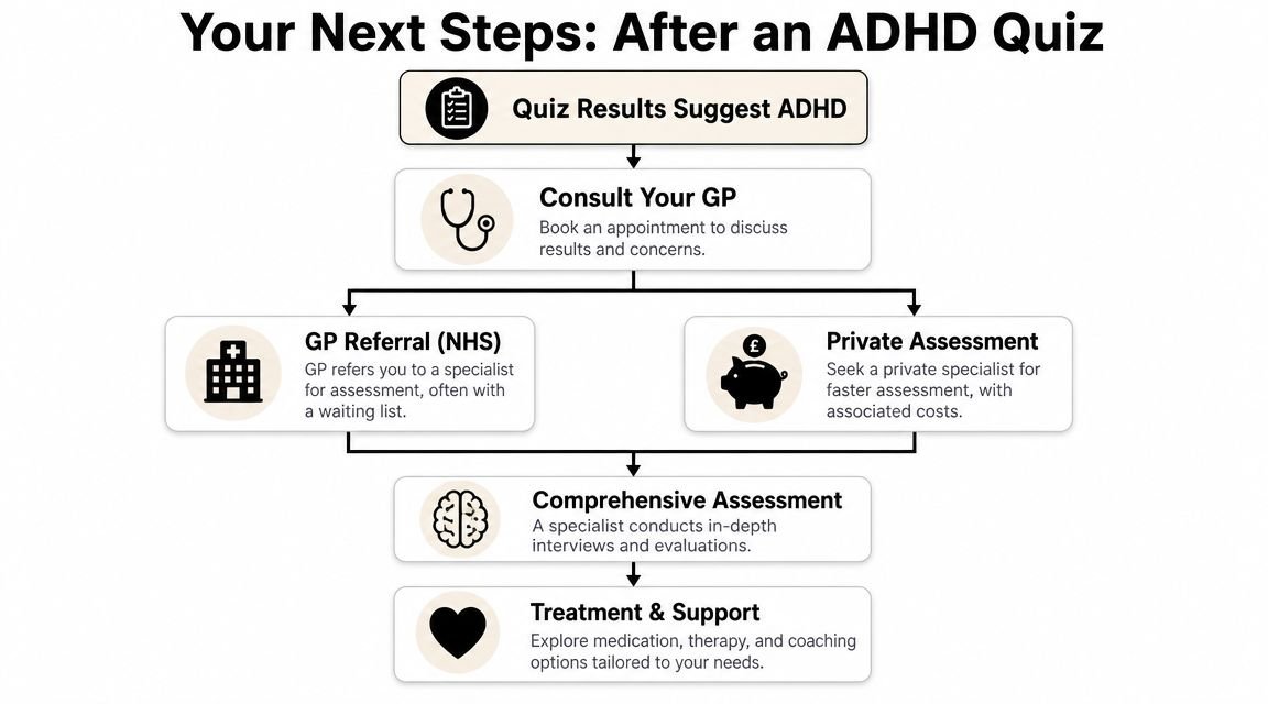 A flowchart diagram showing the steps for adults to follow after receiving suggestive ADHD quiz results.