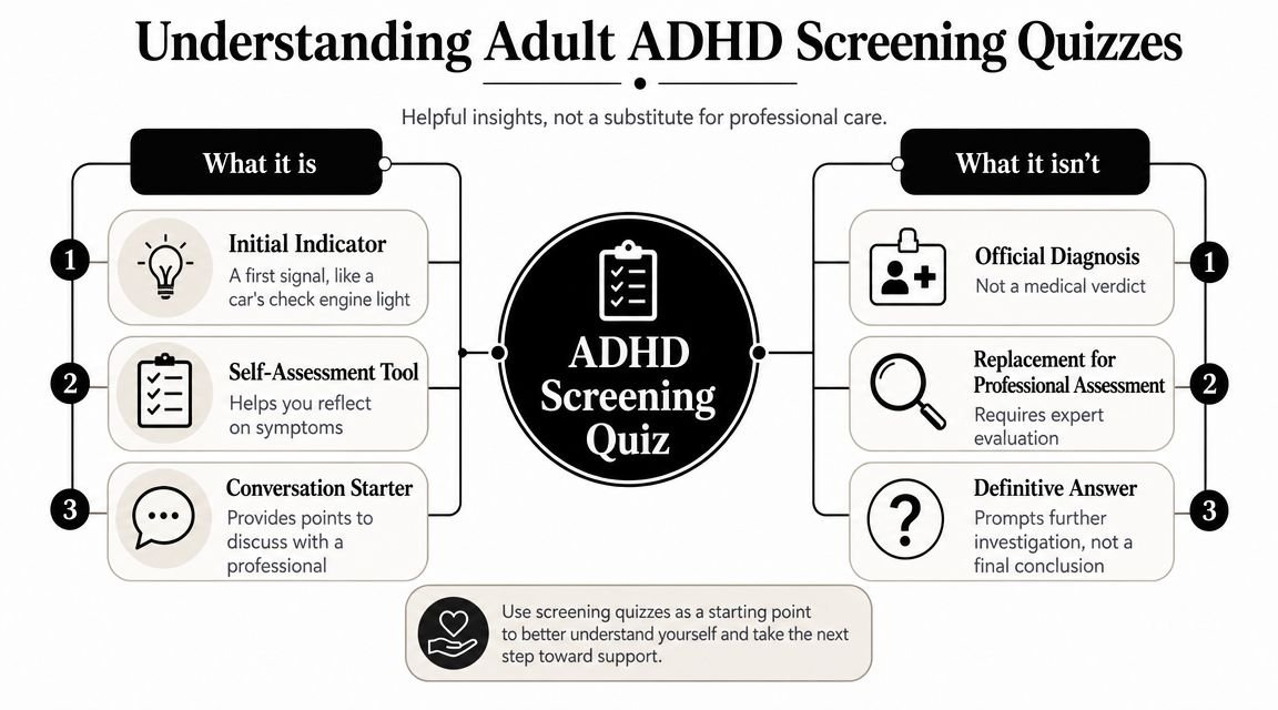 An infographic explaining that adult ADHD screening quizzes are initial self-assessment tools, not official medical diagnoses.