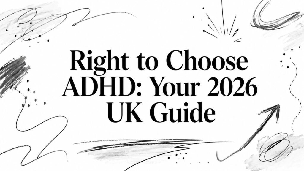 White banner with black abstract doodles framing bold text: 'Right to Choose ADHD: Your 2026 UK Guide' (informational headline)