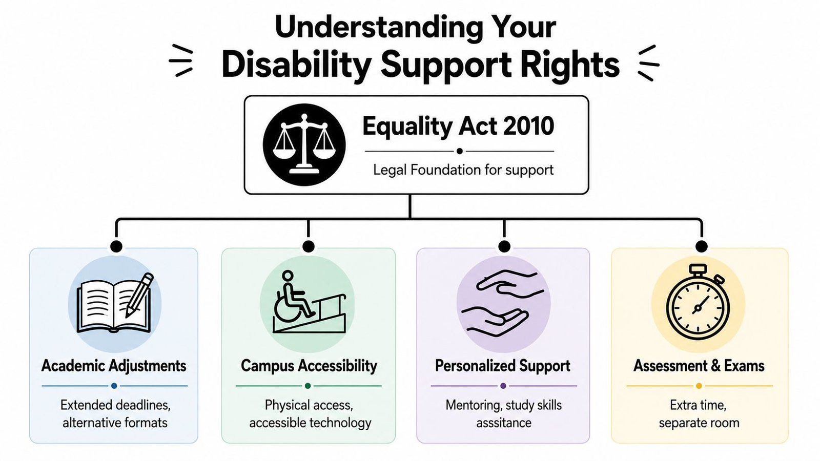 A diagram outlining disability support rights for students, including academic adjustments, campus accessibility, personalized support, and examination accommodations.