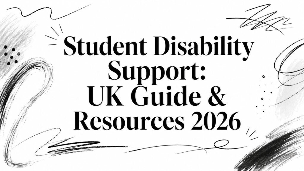 Header image announcing 'Student Disability Support: UK Guide & Resources 2026' with black brush-stroke doodles in the margins