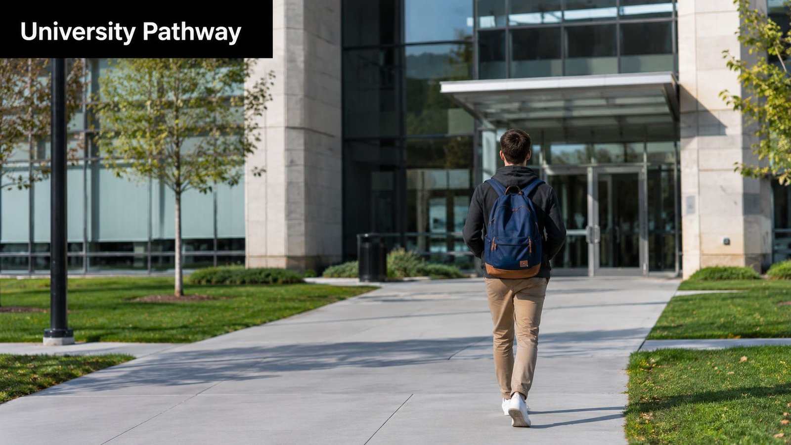 A student with a blue backpack walking on a concrete pathway towards a modern university building entrance.