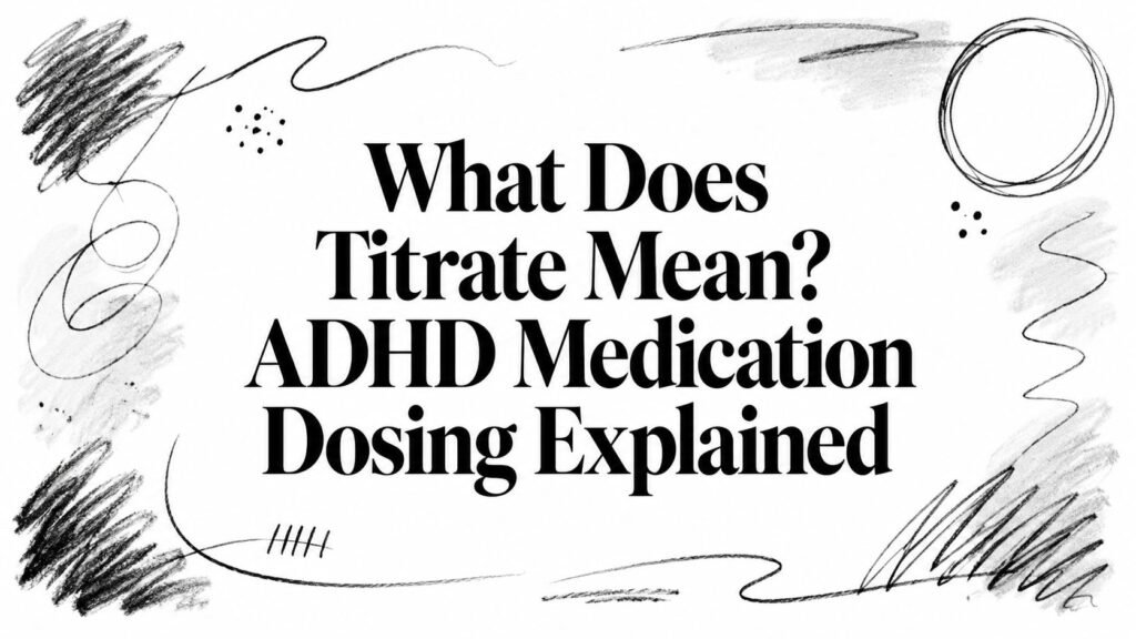 Informational hero: title reads 'What Does Titrate Mean? ADHD Medication Dosing Explained' with abstract black scribbles around edges to emphasize the topic.