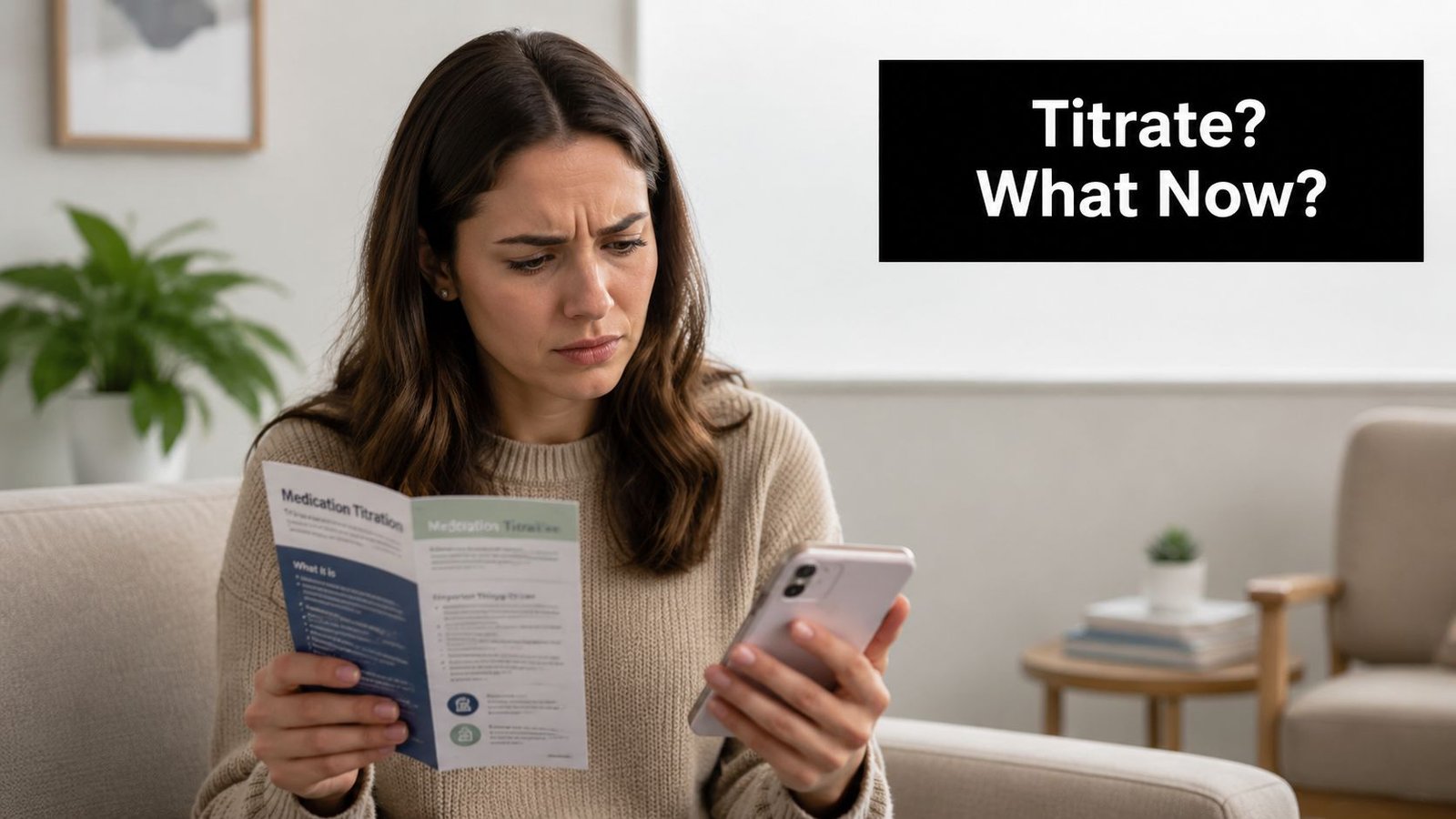 A confused woman looking at a medication titration pamphlet and checking information on her smartphone.