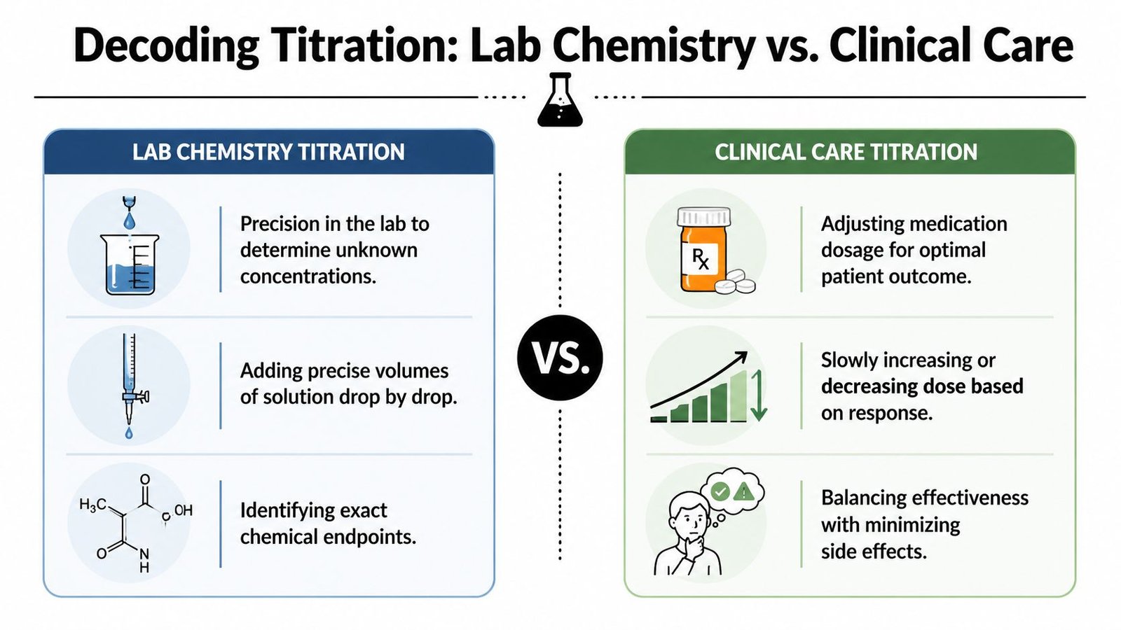 An infographic comparing laboratory chemistry titration methods with clinical care medication titration processes for patient treatment.