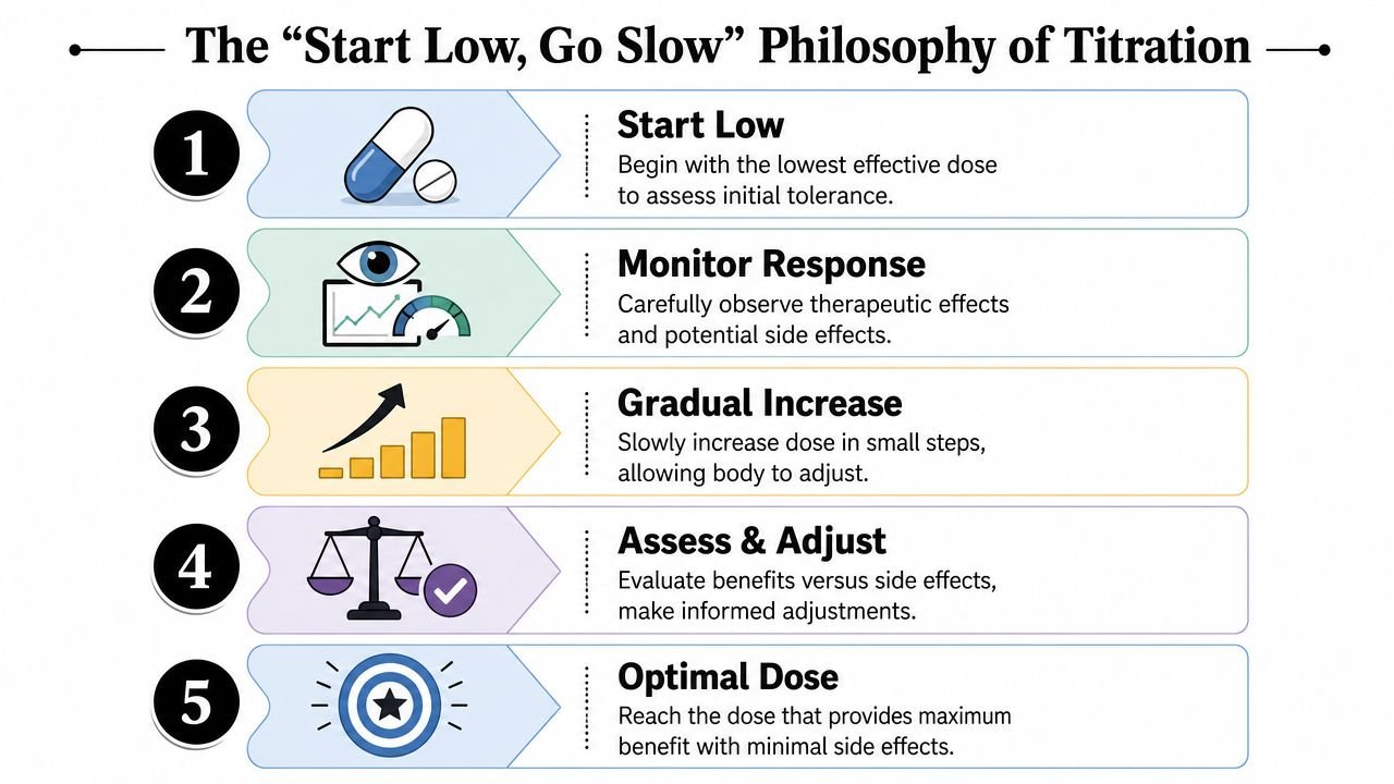 A five-step infographic explaining the Start Low, Go Slow philosophy of medical dose titration.