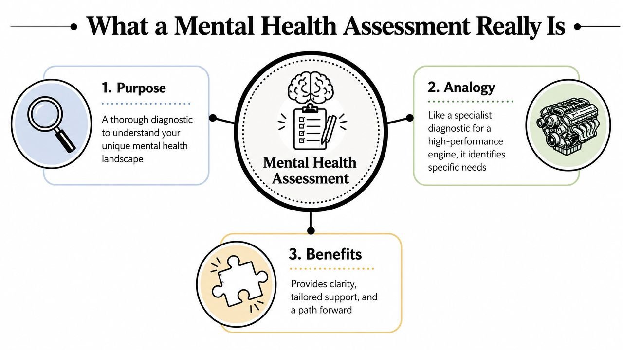 A diagram illustrating the purpose, analogy, and benefits of a comprehensive professional mental health assessment.
