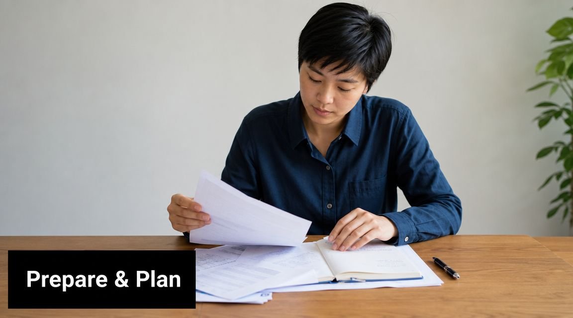 A person sitting at a wooden desk, focused on reading and organizing paperwork and notes.