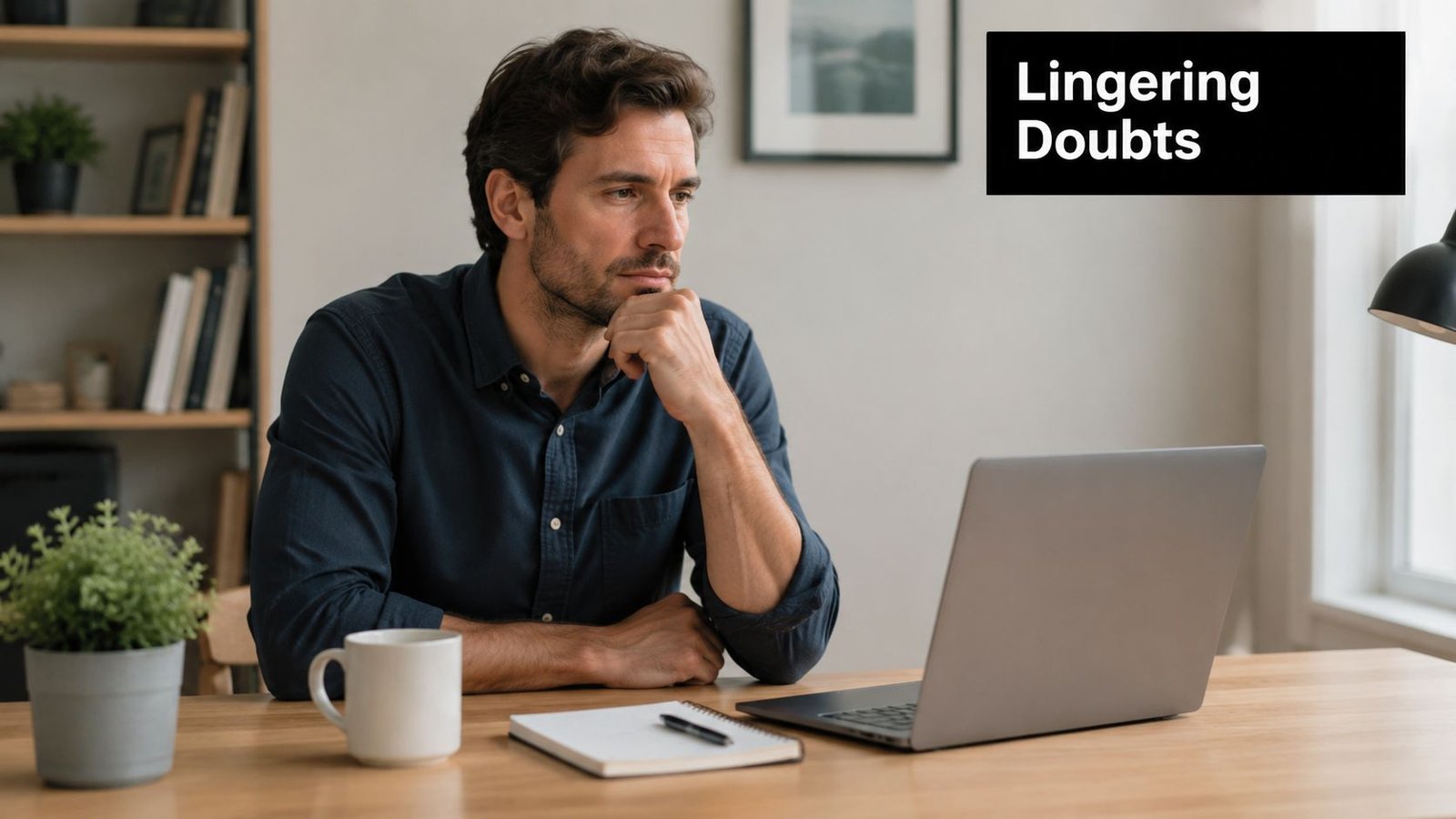 A pensive man sitting at a wooden desk with a laptop, looking concerned while working at home.