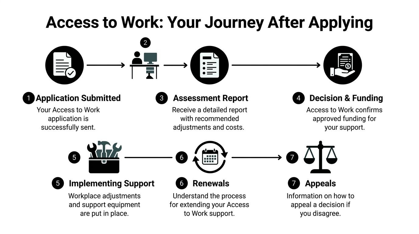 A diagram illustrating the seven-step Access to Work application and support journey for employees with disabilities.